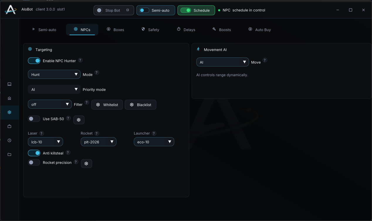 AloBot NPC and movement settings