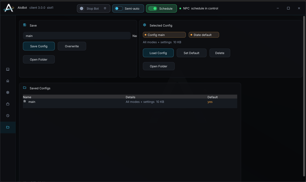 AloBot saved configuration profiles